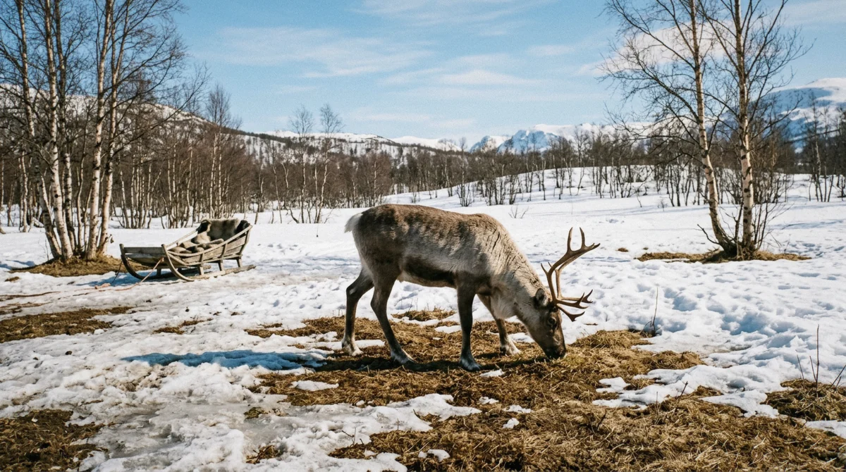 A reindeer on thinning April snow near Tromsø, the end of the reindeer sledding season
