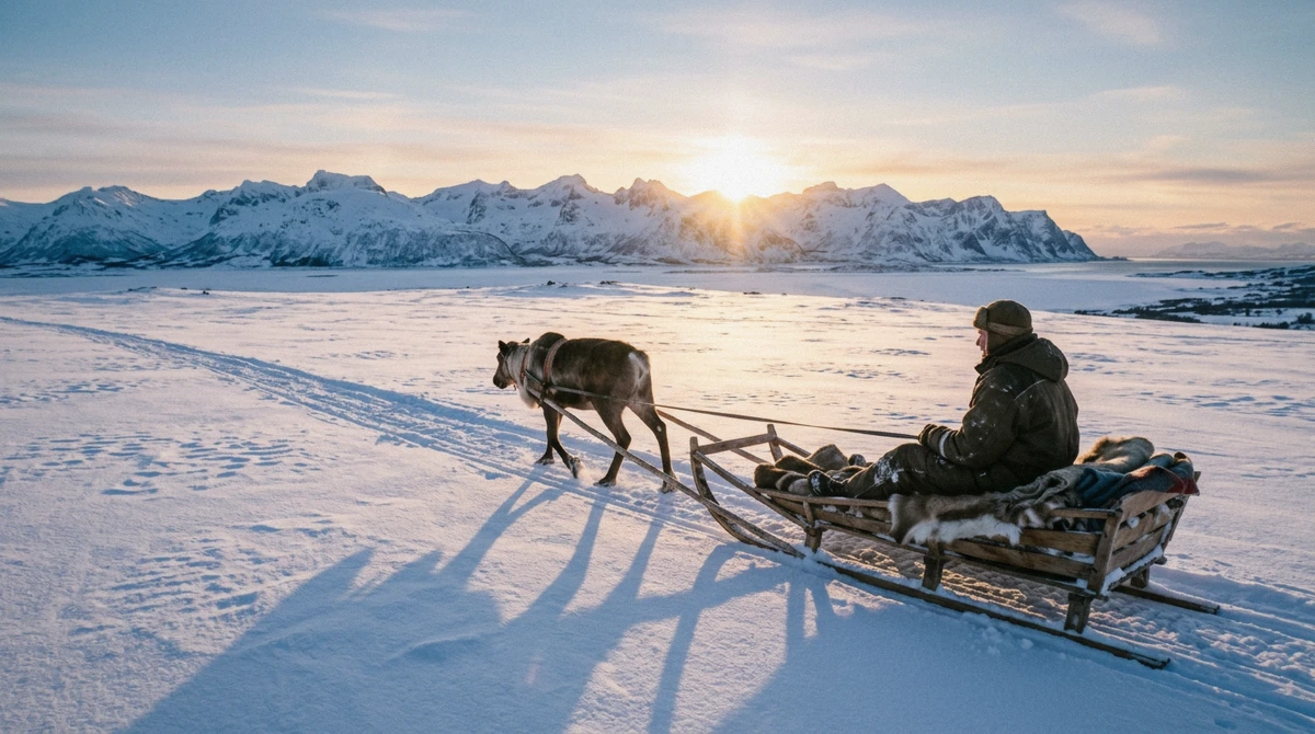 A reindeer and sled in low February sun near Tromsø, when daylight returns for reindeer sledding