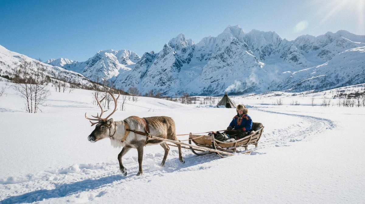 A reindeer pulling a sled through deep snow on a brilliant March day, the best time for reindeer sledding in Tromsø