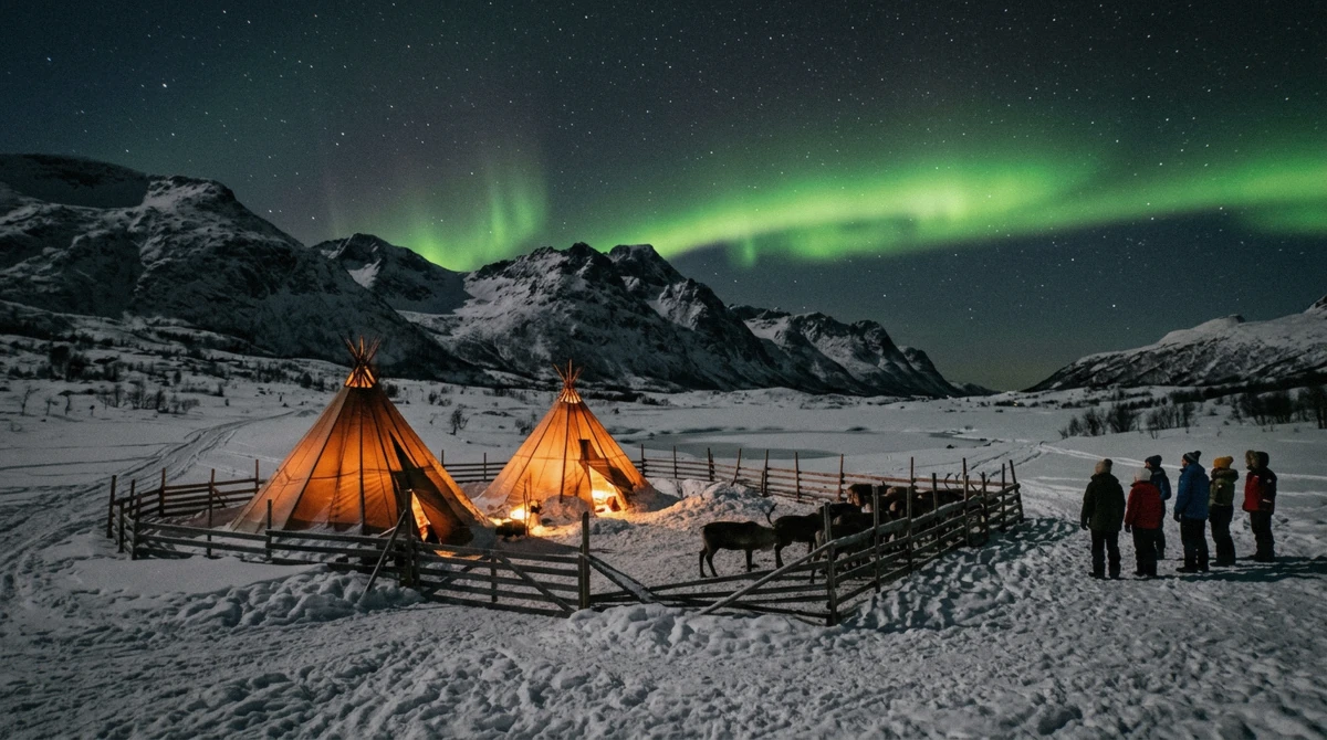 Northern lights over a reindeer camp with glowing lavvu tents after reindeer sledding in Tromsø