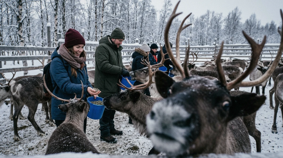 Visitors hand-feeding a herd of reindeer at a camp on a reindeer sledding tour from Tromsø