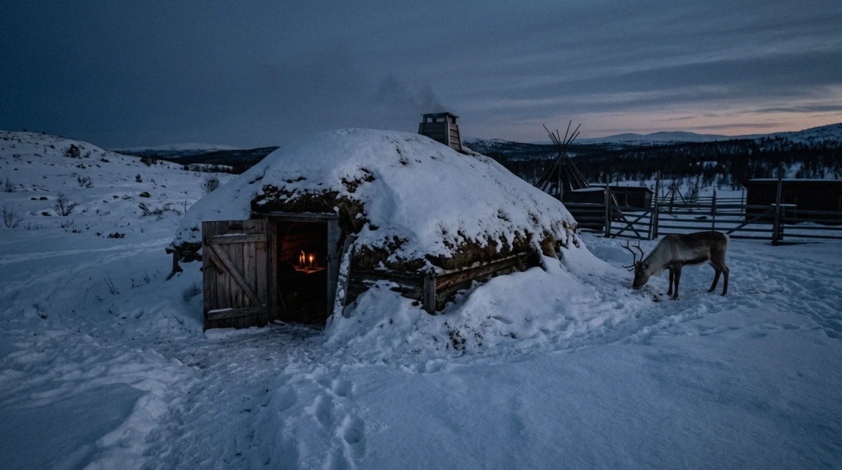 A candlelit Sami gamme turf hut in the snow on a night reindeer sledding tour from Tromsø
