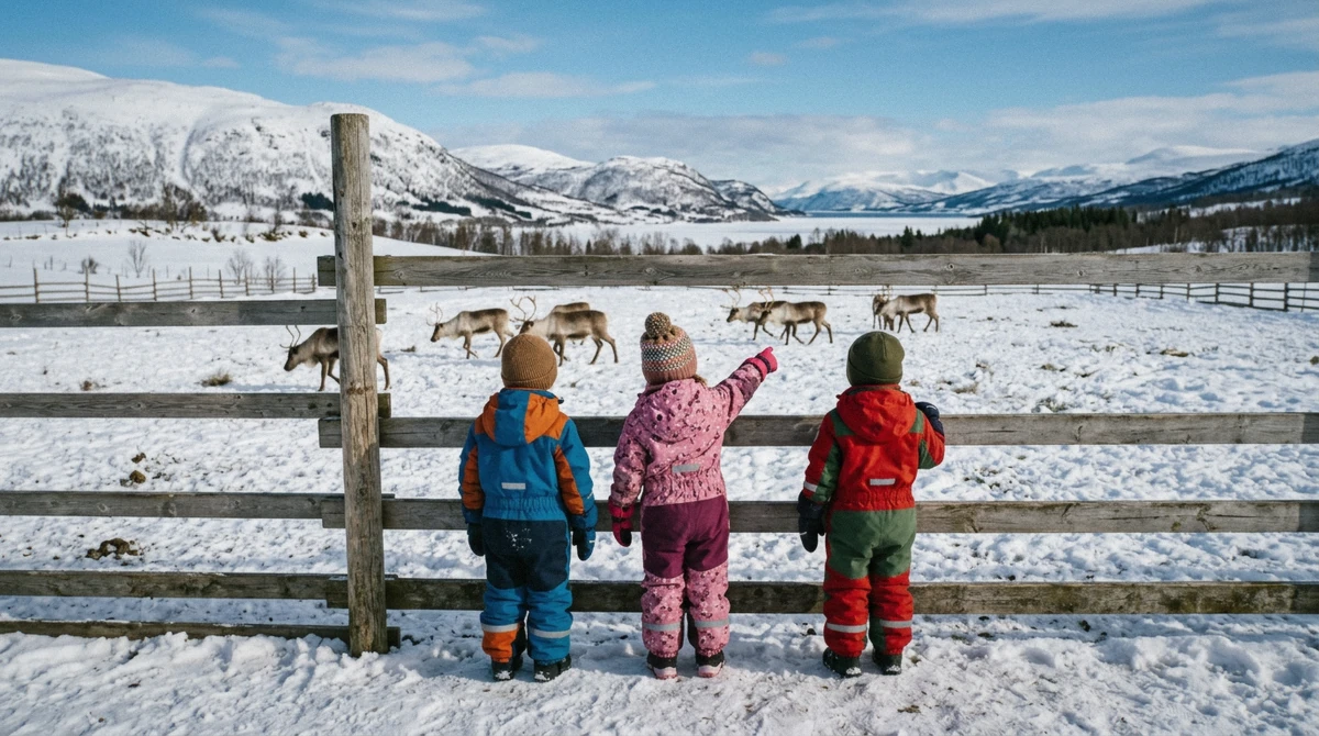 Children in snowsuits watching reindeer from a fence, a family moment on reindeer sledding in Tromsø