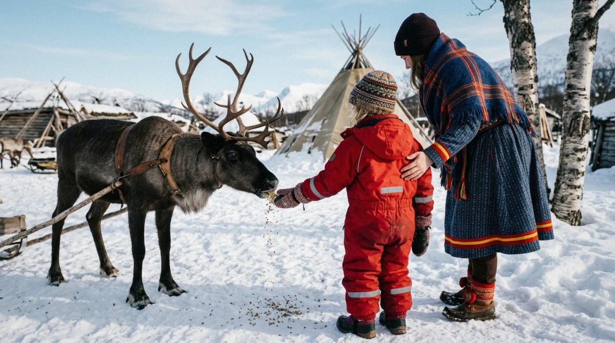 A child in a red snowsuit feeding a reindeer at a Sámi camp, reindeer sledding in Tromsø with kids