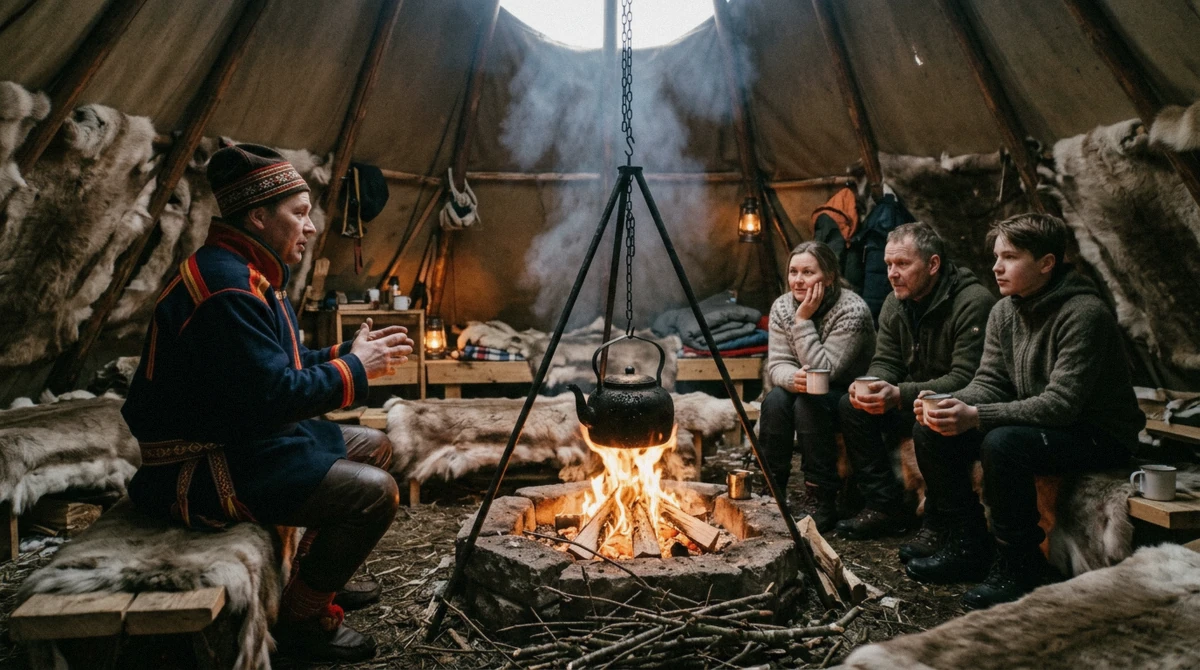 A Sami host telling stories by the fire inside a lavvu after reindeer sledding near Tromsø