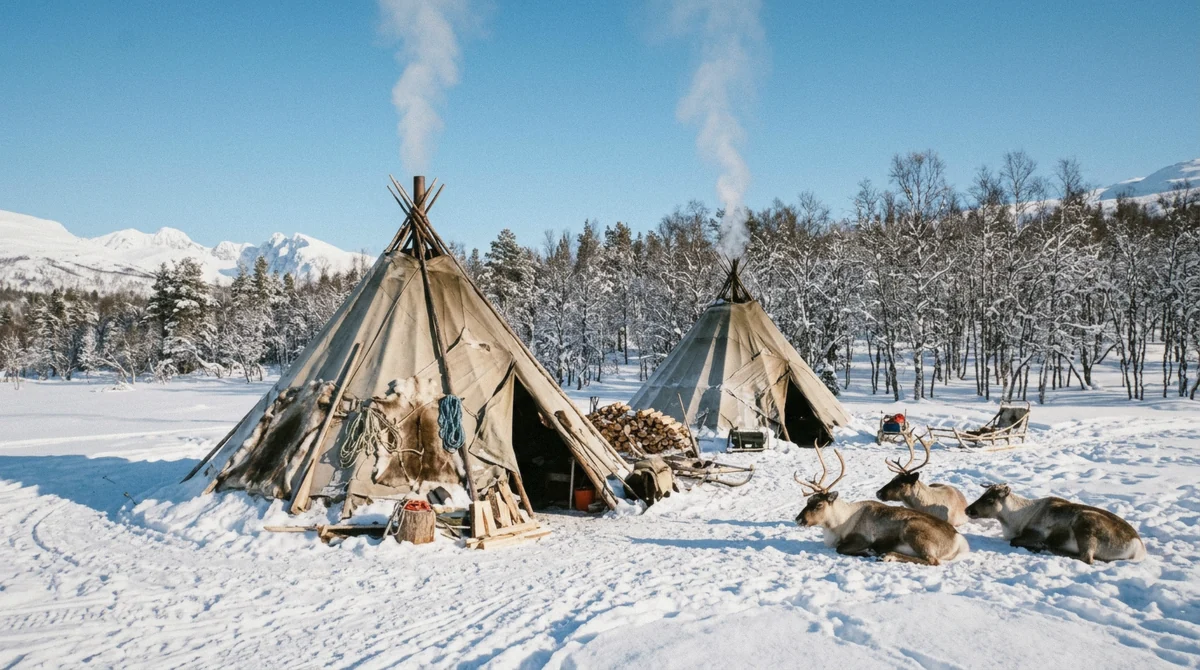 Two lavvu tents with reindeer resting beside them in sunshine, the setting of Sámi culture at Tromsø reindeer camps