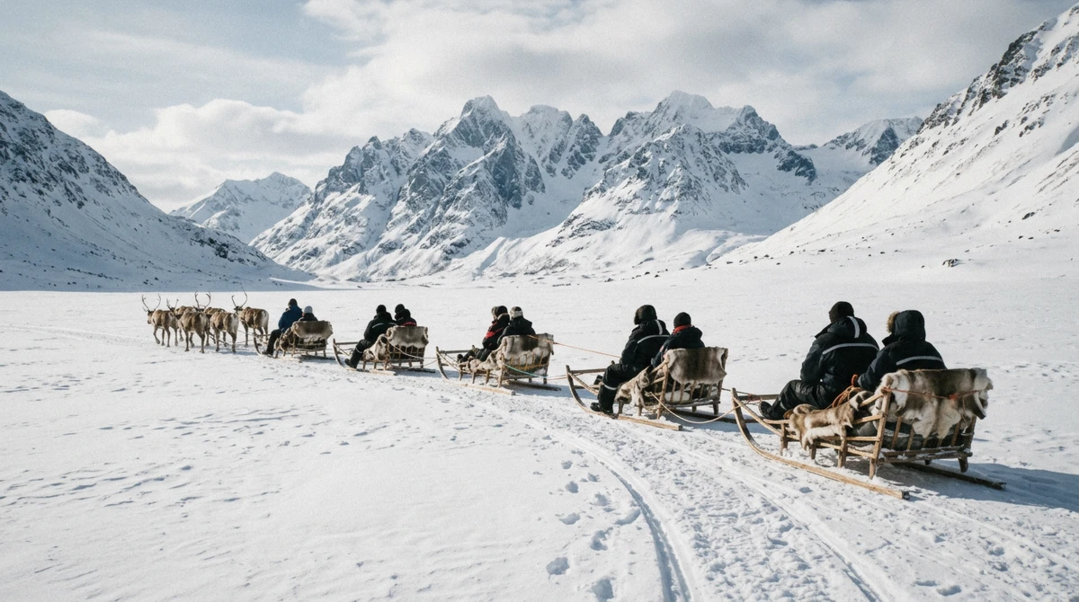 A caravan of reindeer sleds below the Lyngen Alps on a reindeer sledding tour with lunch from Tromsø