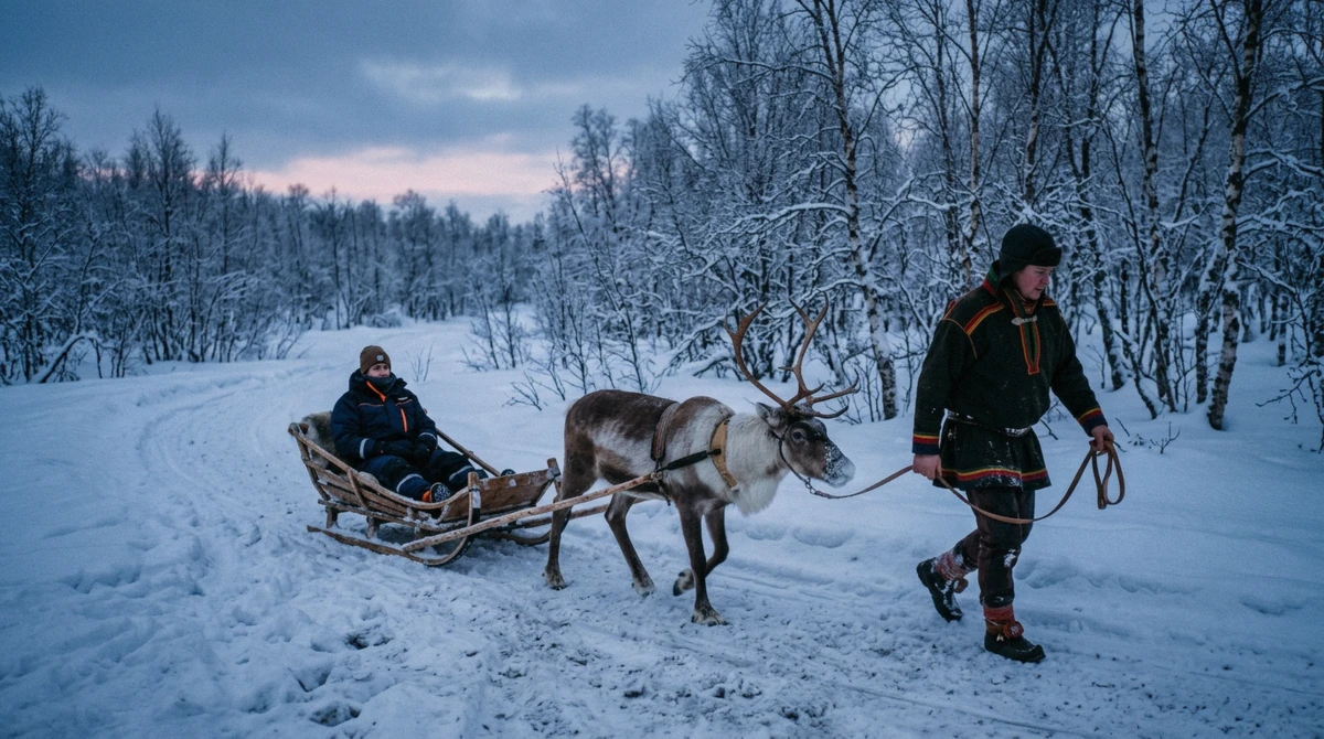 A reindeer pulling a sled along a birch-forest trail, the 30-minute ride of a long reindeer sledding tour in Tromsø