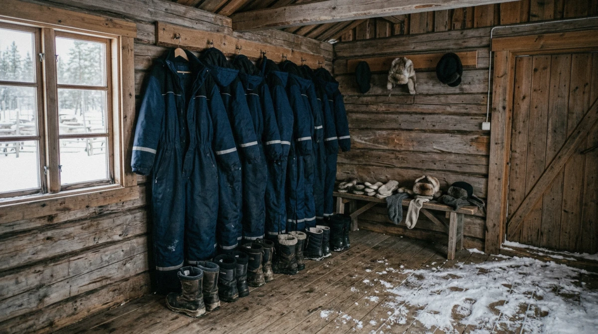 Thermal suits and boots handed out at Camp Tamok before reindeer sledding