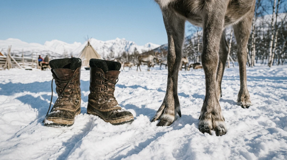 Insulated winter boots in the snow beside a reindeer, footwear for reindeer sledding in Tromsø