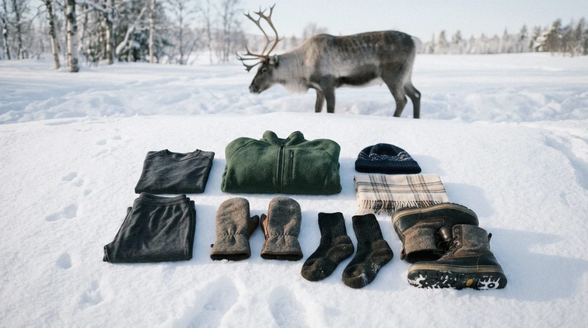 Winter layers laid out on snow with a reindeer behind, what to wear for reindeer sledding in Tromsø
