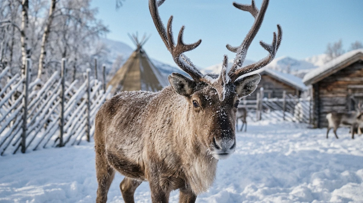 A reindeer with frosted antlers at a camp near Tromsø, part of what reindeer sledding in Tromsø buys