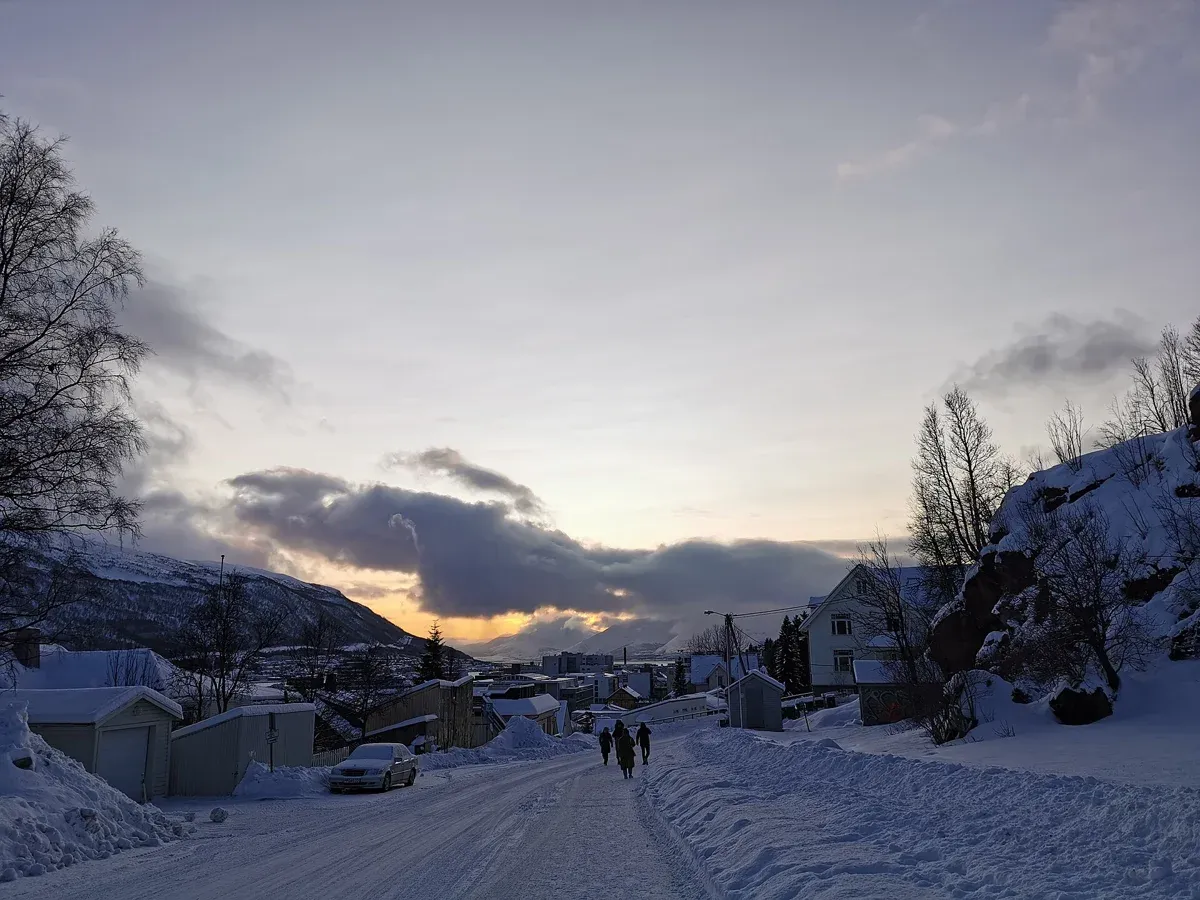 Snowy Tromsø city centre seen from Dramsveien, the start of a reindeer experience tour
